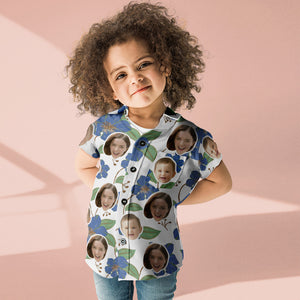 Custom Face Shirt Women's and Kids Hawaiian Shirts Short Sleeve Shirt Mother's Day Gift Blue Flowers