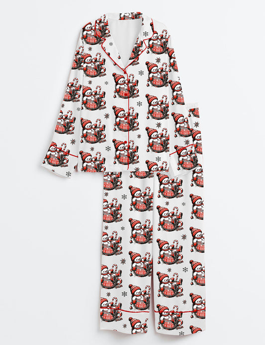 Women’s Hot Cocoa Cute Christmas Snowman Long Sleeve Satin Pajama Set