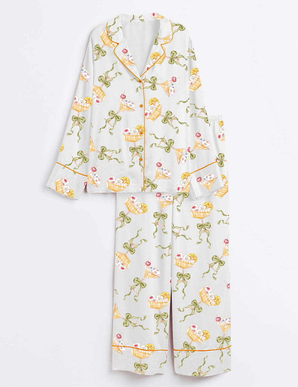 Women’s Watercolor Cocktail Mahjong Chinoiserie Martini Party Long Sleeve Satin Pajama Set