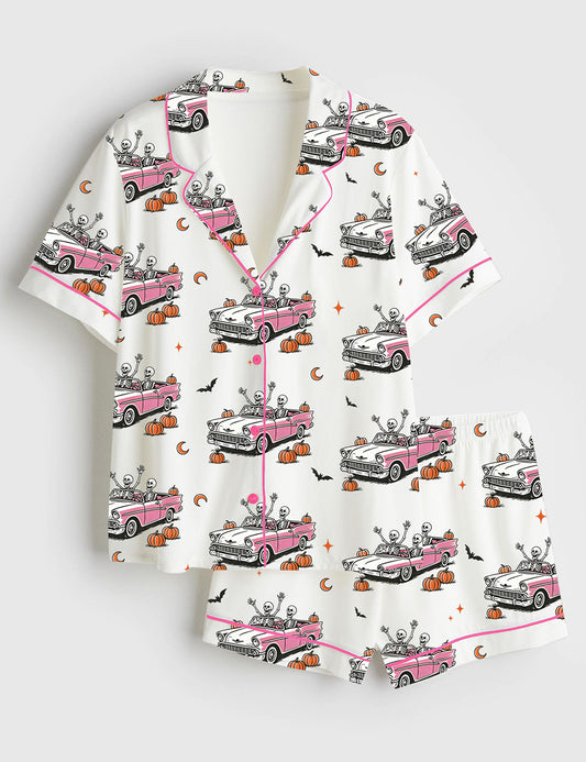 Women’s Halloween Spooky Season Get In Loser Spooky Skeleton Short Sleeve Satin Pajama Set