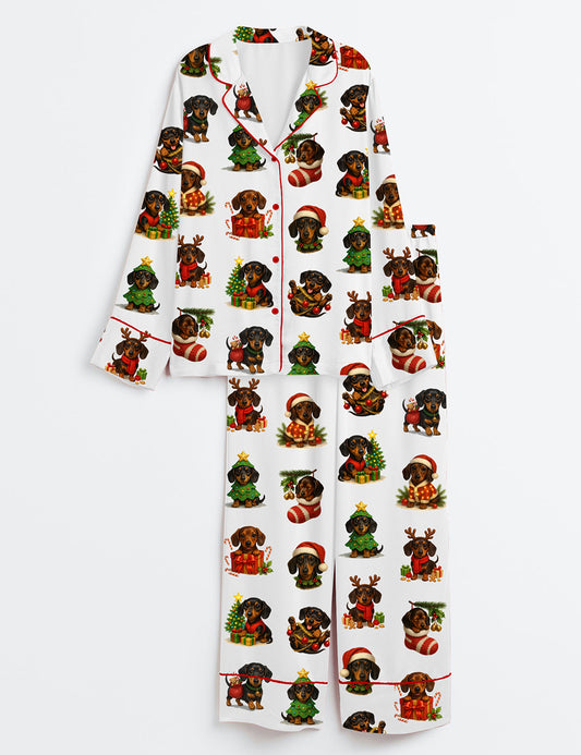 Women’s Christmas Dachshund Holiday Wiener Dog Lover Long Sleeve Satin Pajama Set
