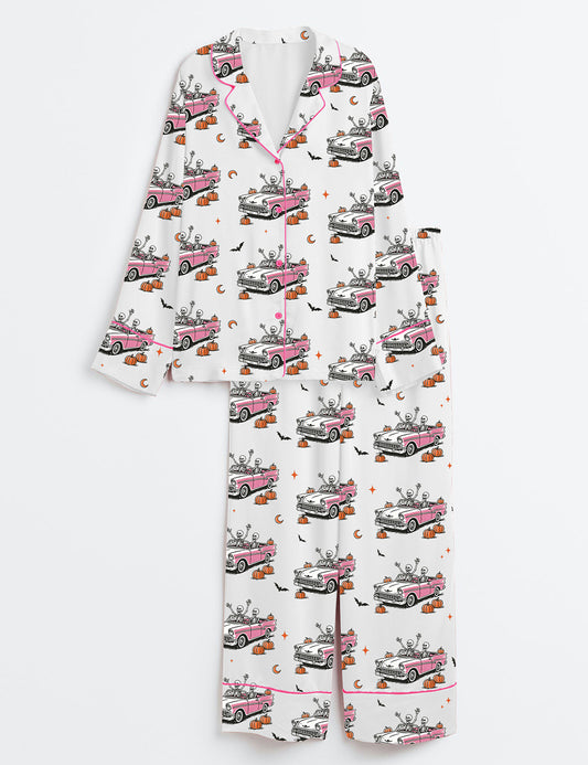 Women’s Halloween Spooky Season Get In Loser Spooky Skeleton Long Sleeve Satin Pajama Set