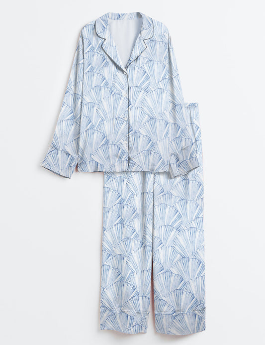 Women’s Seashell Coastal Blue Vintage Coastal Granddaughter Aesthetic Summer Beach Vibes Print Long Sleeve Satin Pajama Set