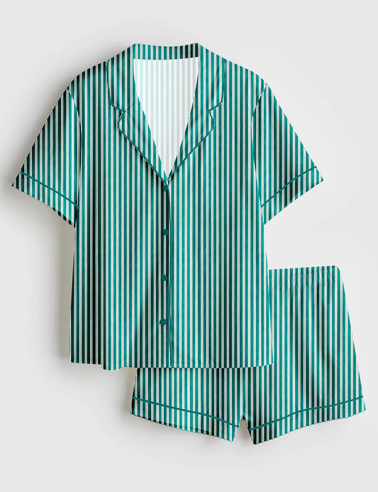 Women's Stripe Print Short Sleeve Satin Pajama Set