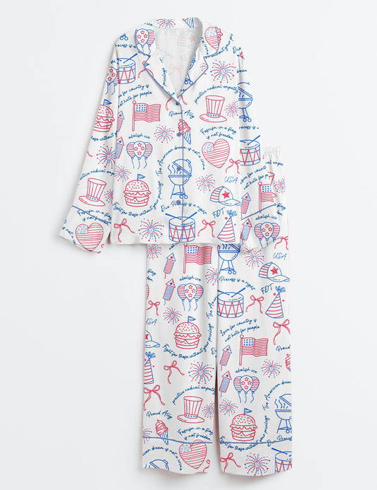 Women’s Liberal Fourth Of July Liberal Patriotic Secret Subtle Message American FDT Print Long Sleeve Satin Pajama Set