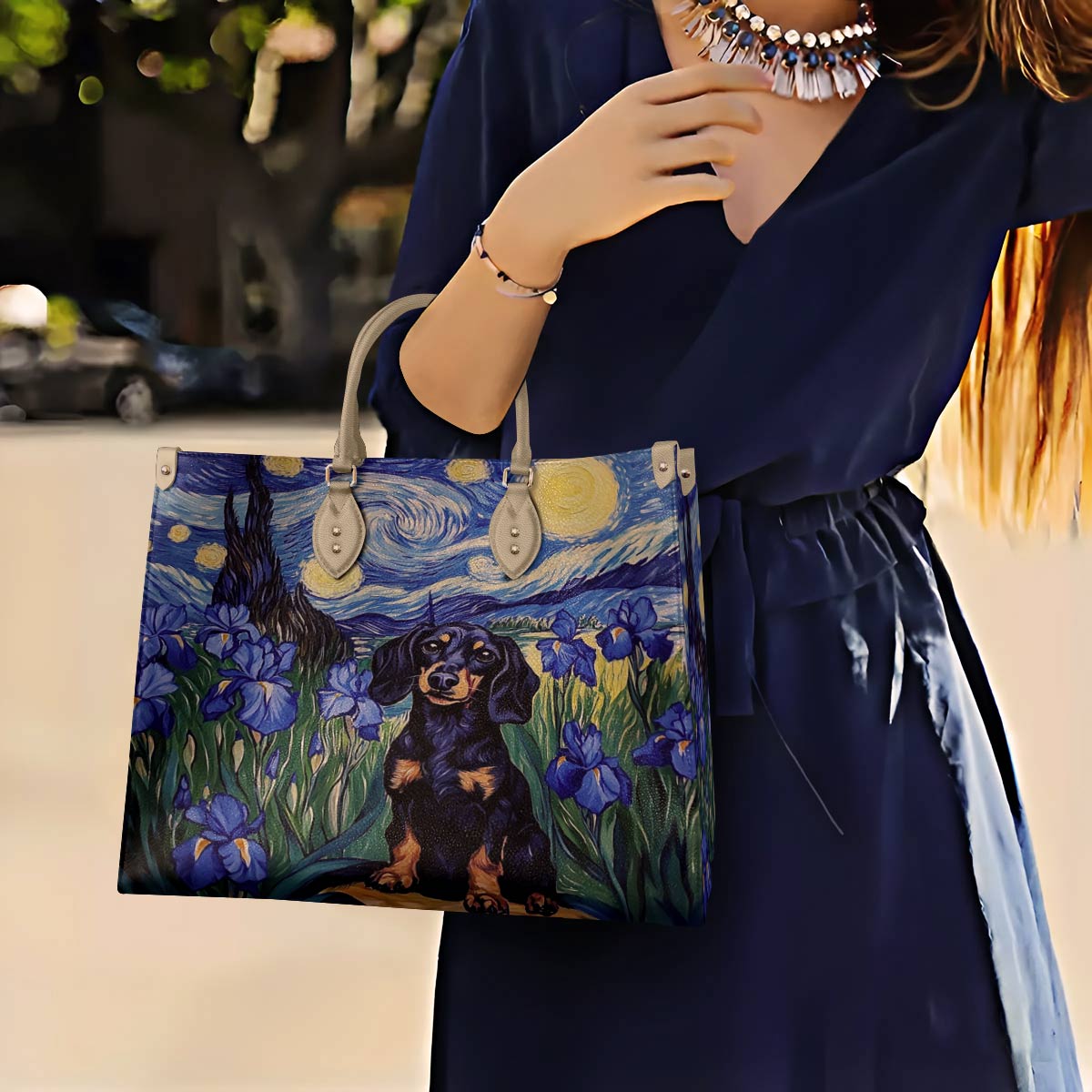 Leather Bag Irish Starry Night Dachshund Delight