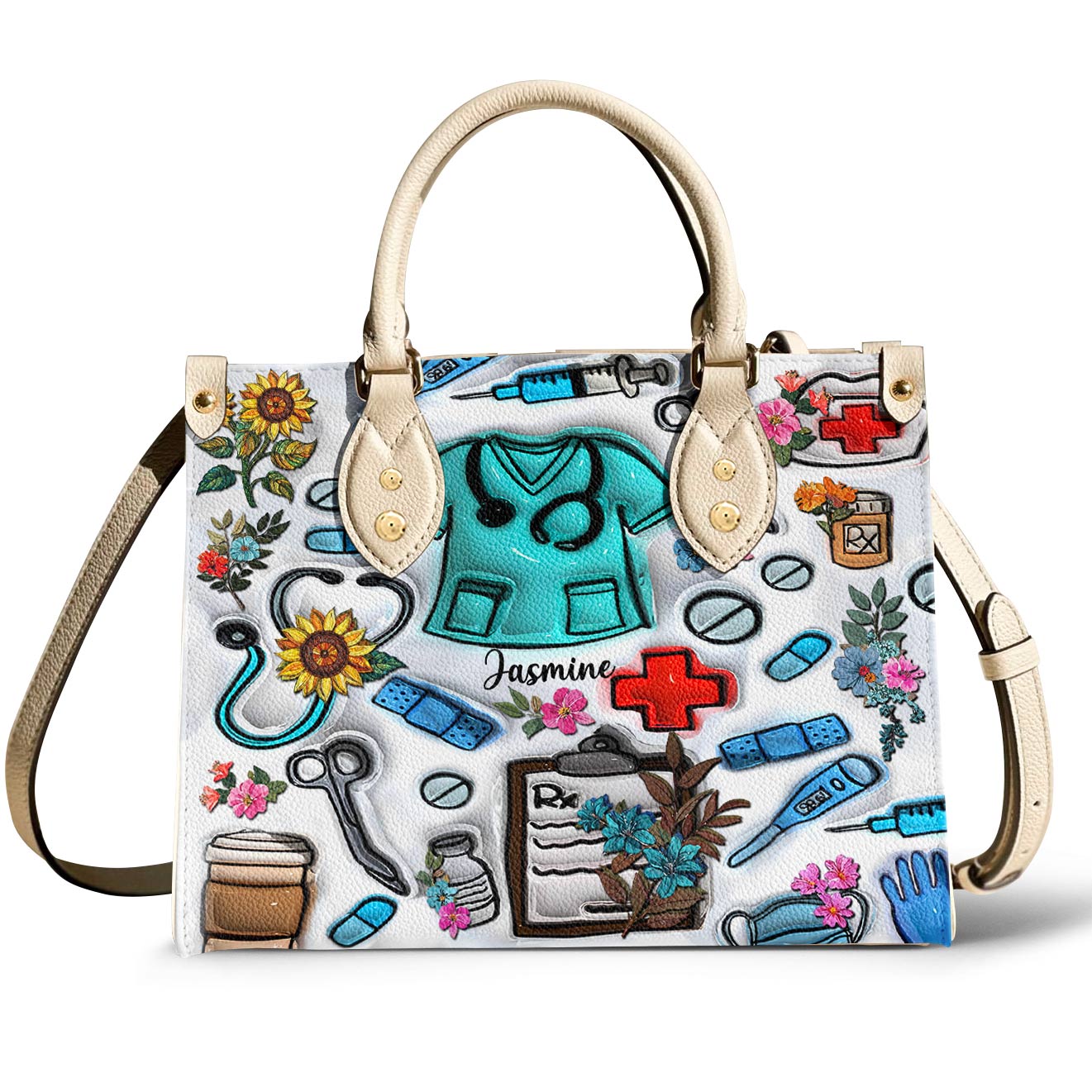 Lorva Personalized Leather Bag Floral Puffy Nurse