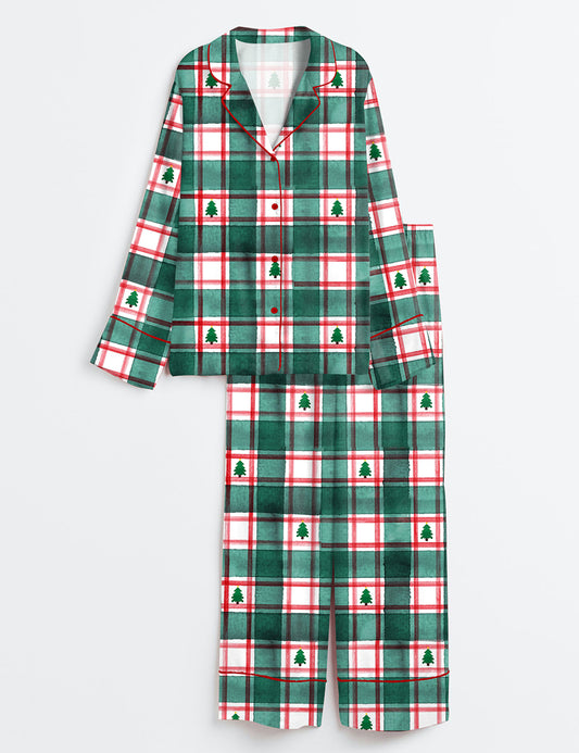Women’s Green Gingham Christmas Tree Long Sleeve Satin Pajama Set