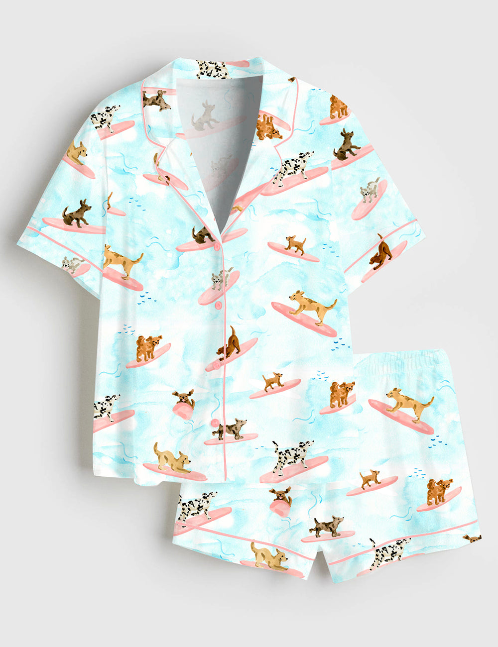 Women’s Dogs Surfing Summer Print Short Sleeve Satin Pajama Set