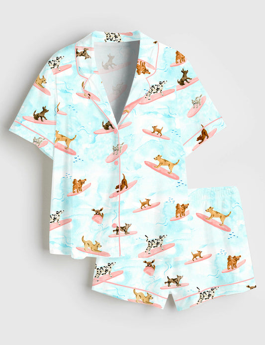 Women’s Dogs Surfing Summer Print Short Sleeve Satin Pajama Set