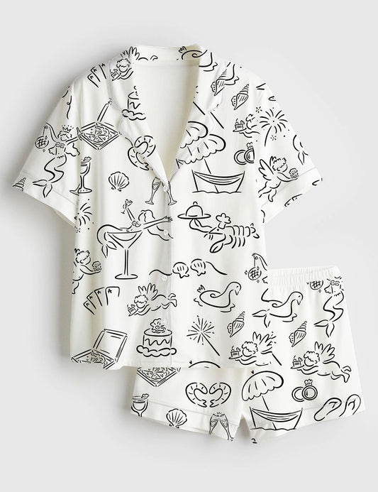 Women’s Hand Drawn Beach Bachelorette Whimsical Coastal Bachelorette Summer Beach Print Short Sleeve Satin Pajama Set