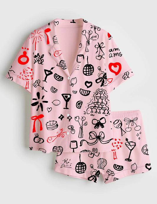 Women’s Bachelorette Hand Drawn Wedding Icons Great Bridal Short Sleeve Satin Pajama Set
