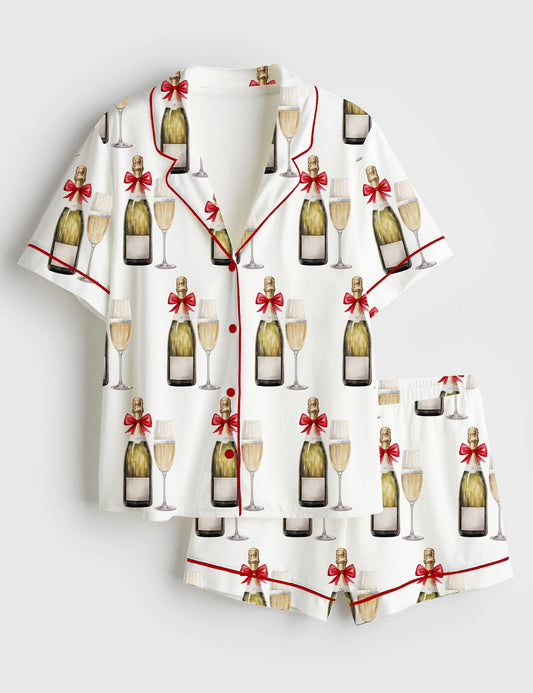 Women’s Christmas Champagne Eat Drink And Be Merry Short Sleeve Satin Pajama Set