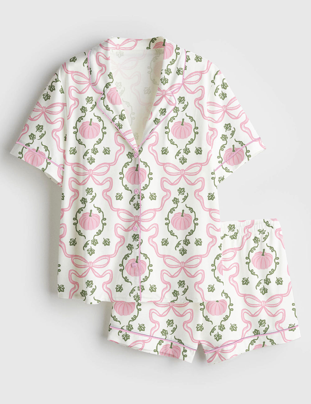 Women’s Fall Pink Pumpkin And Bow Trellis Halloween Pumpkin Short Sleeve Satin Pajama Set