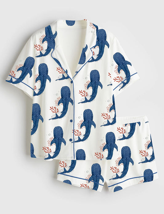 Women’s Whale Ocean Coconut Girl Jesus Beach Bachelorette Short Sleeve Satin Pajama Set