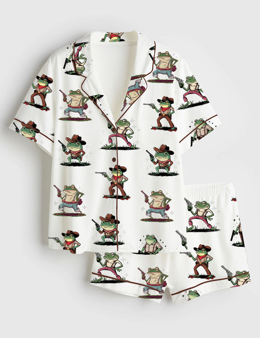 Women's Cowboy Frog Funny Gun Short Sleeve Satin Pajama Set