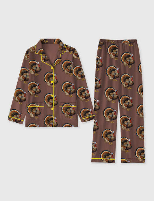 Women's Rhinestone Turkey Thanksgiving Cozy Autumn Long Sleeve Pocket Cotton Pajama Set
