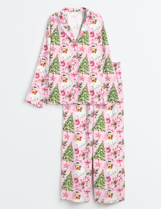 Women’s Pink Christmas Santas And Trees Long Sleeve Satin Pajama Set