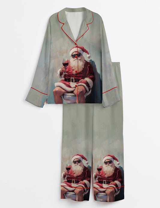 Women’s Bathroom Christmas Santa Humor Festive Holiday Wine Lover Long Sleeve Satin Pajama Set