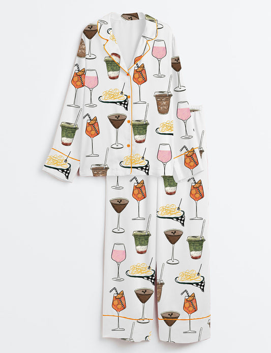 Women’s Martini Coffee Julep Cocktail Margarita Margs and Matrimony Spaghetti Bachelorette Wedding Drinks Long Sleeve Satin Pajama Set