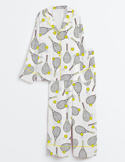 Women’s Tennis And Tennis Ball Racket Long Sleeve Satin Pajama Set
