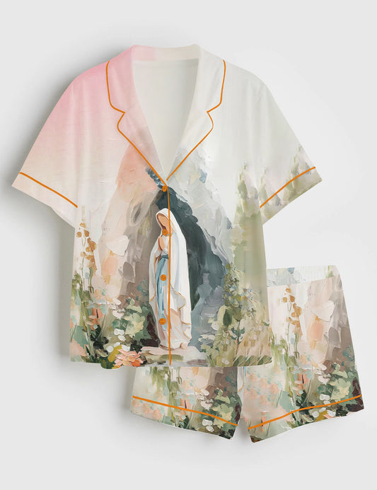 Women’s Our Lady Of Lourdes Jesus Mary Catholic Blessed Mother Short Sleeve Satin Pajama Set