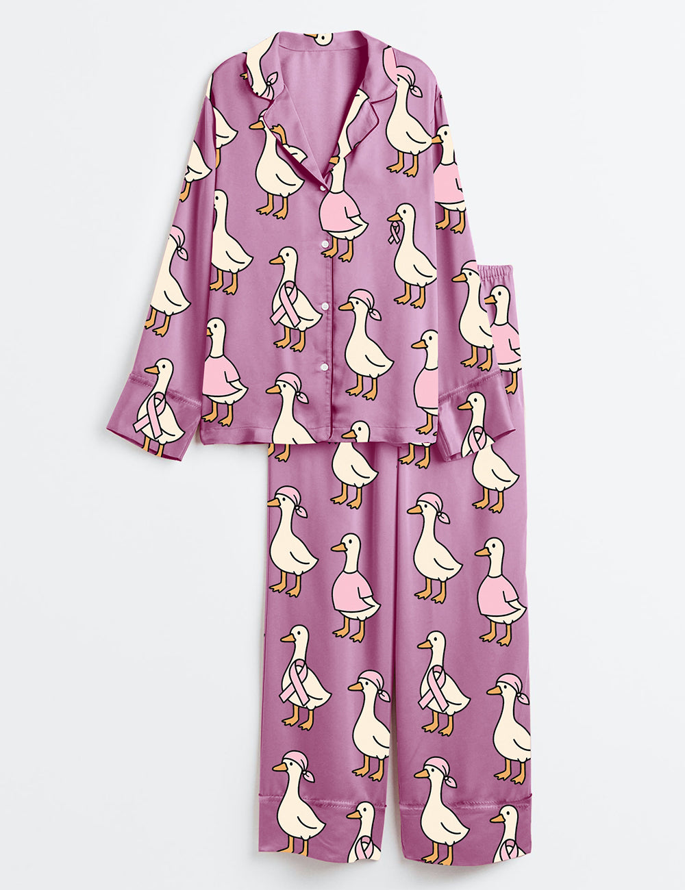 Women’s Just A Strong Goose Breast Cancer Awareness Goose Cute Pink Ribbon Duck Print Long Sleeve Satin Pajama Set