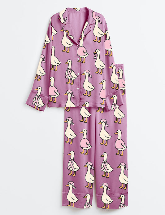 Women’s Just A Strong Goose Breast Cancer Awareness Goose Cute Pink Ribbon Duck Print Long Sleeve Satin Pajama Set