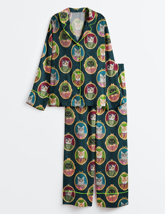 Women’s Colorful Cat Cameos Long Sleeve Satin Pajama Set
