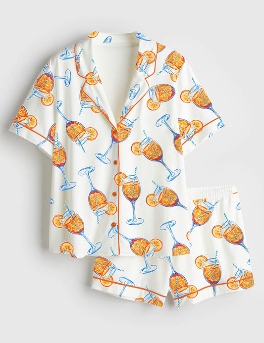Women's Aperol Spritz Trio Watercolor Short Sleeve Satin Pajama Set