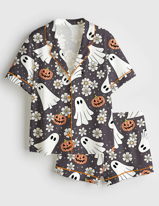 Women’s Floral Halloween Spooky Ghost Pumpkin Short Sleeve Satin Pajama Set