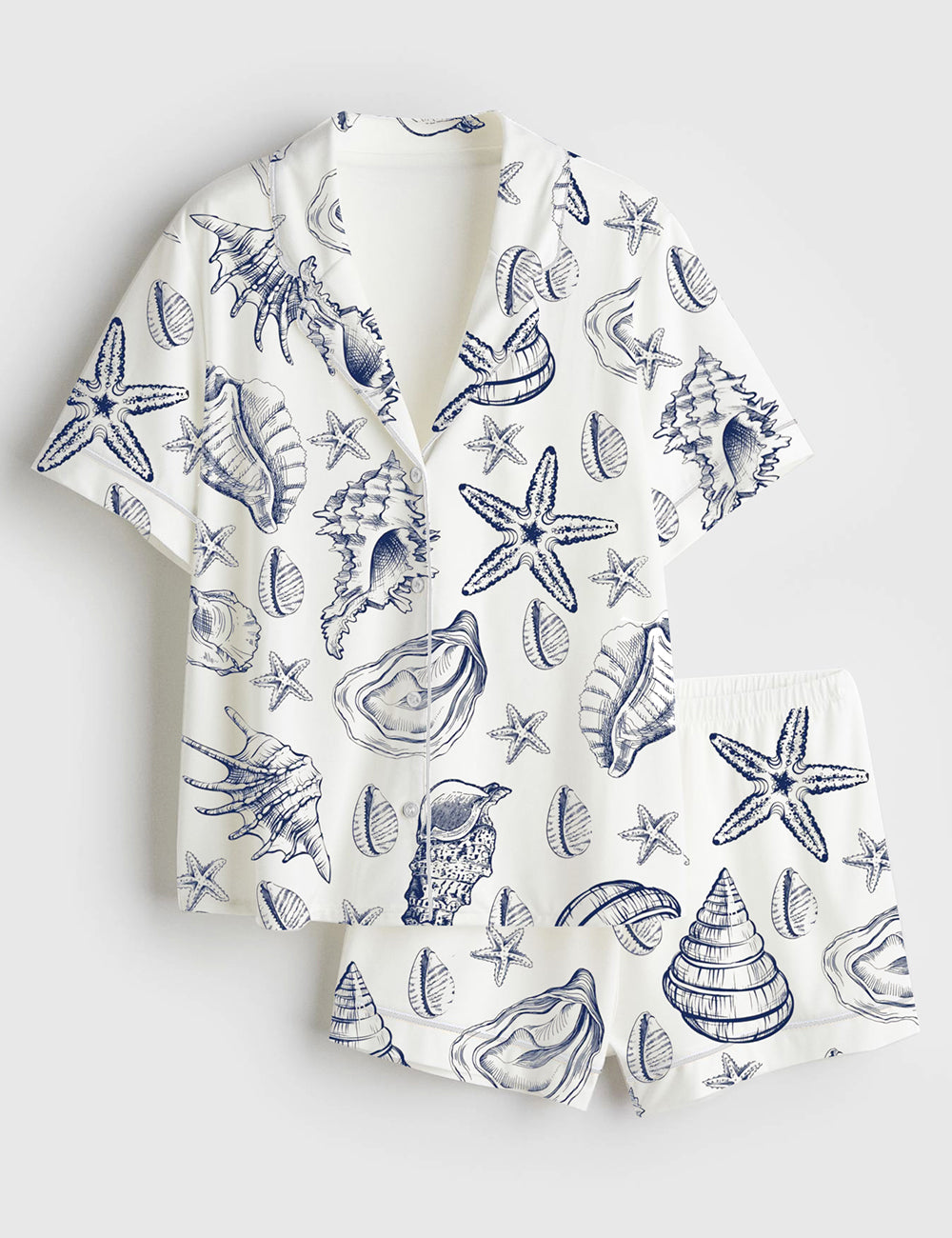 Women’s Vintage Seashell Coastal Aesthetic Summer Beach Vibes Print Short Sleeve Satin Pajama Set