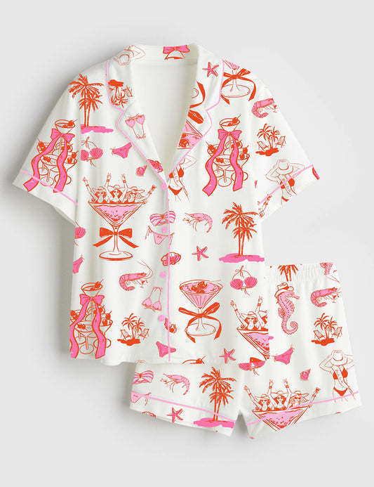 Women’s Bikinis And Martinis Bachelorette Coastal Hen Party Woman In Martini Glass Print Short Sleeve Satin Pajama Set