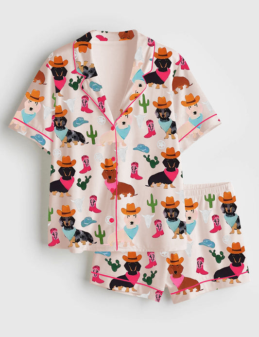 Women's Cowboy Dachshund Dog Short Sleeve Satin Pajama Set