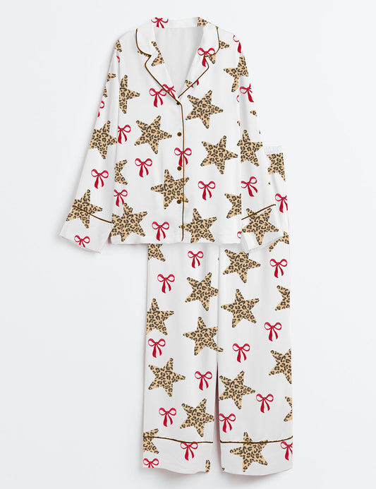 Women’s Leopard Star And Coquette Long Sleeve Satin Pajama Set