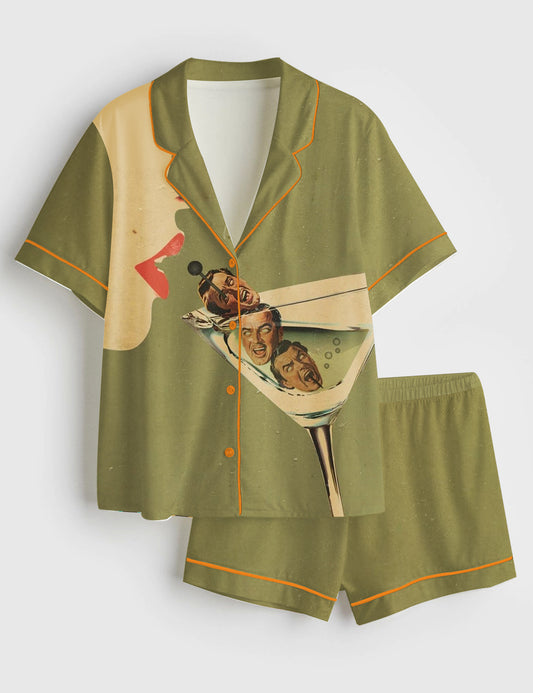 Women’s Beautiful Girl Drinking Martini Cocktail Wine Short Sleeve Satin Pajama Set