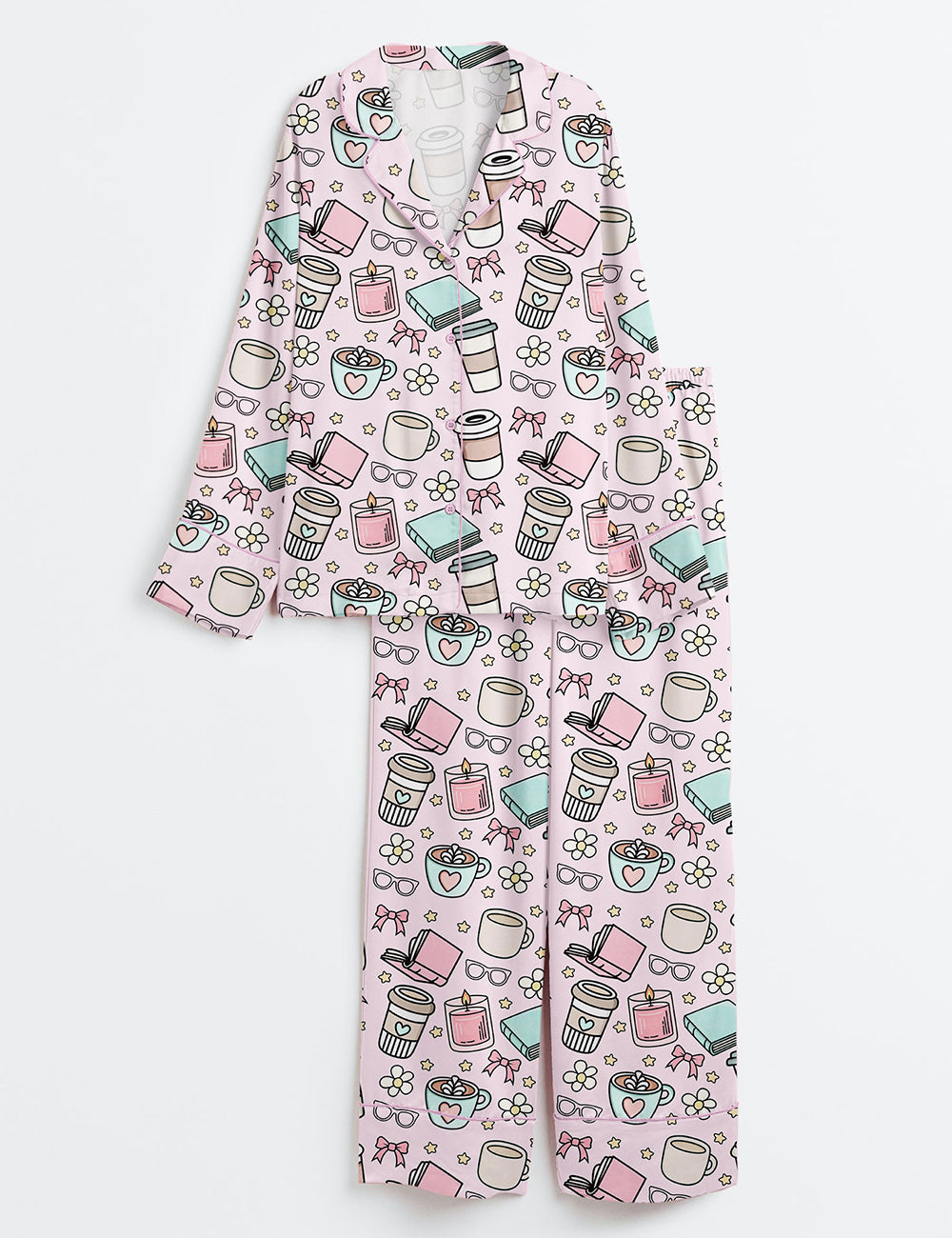 Women’s Books And Coffee Girly Morning Reading Bookish Coffee Print Long Sleeve Satin Pajama Set