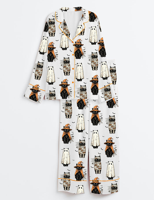 Women’s Black Cat Pumpkin Ghosts Cat Halloween Long Sleeve Satin Pajama Set