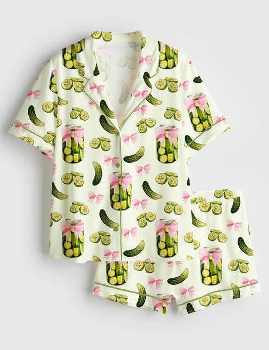 Women’s Pickles Coquette Cute Bow Pickle Jar Print Short Sleeve Satin Pajama Set