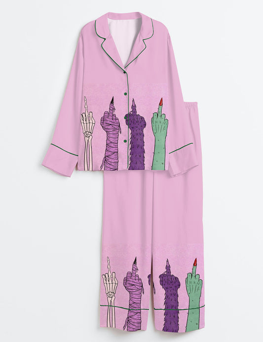 Women’s Halloween Movie Middle Finger Long Sleeve Satin Pajama Set