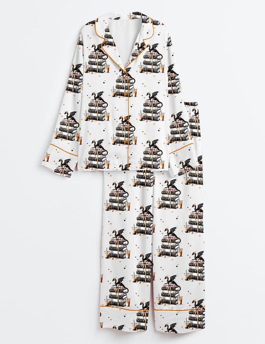 Women’s Well Read And Caffeinated Bookish Design For Coffee Lovers Long Sleeve Satin Pajama Set