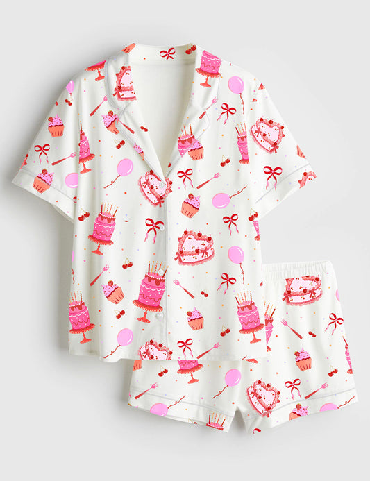 Women’s Happy Birthday Cake Short Sleeve Satin Pajama Set