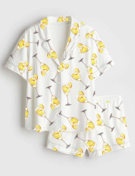 Women’s French 75 Cocktail Lemon Drop Martini Wine Lover Short Sleeve Satin Pajama Set