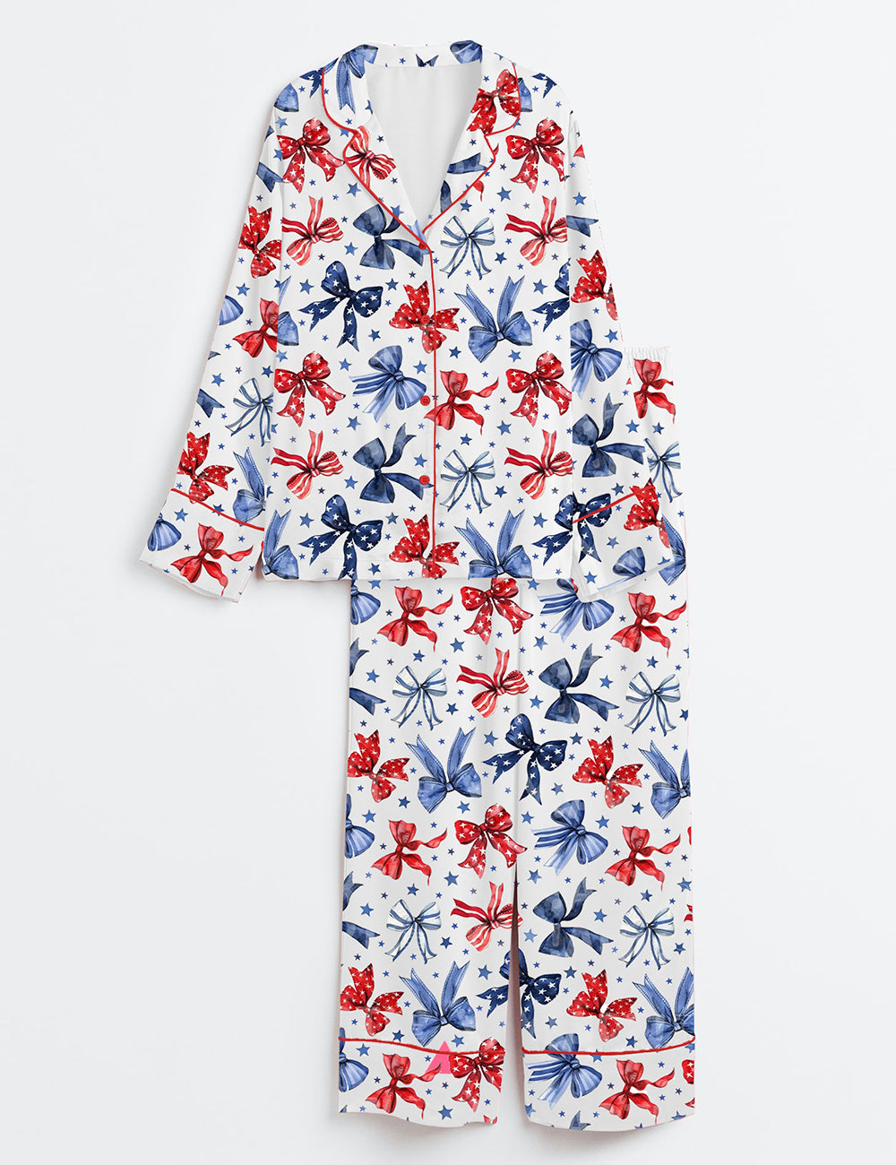 Women’s Patriotic Bows 4th Of July Red White And Blue Ribbon Long Sleeve Satin Pajama Set