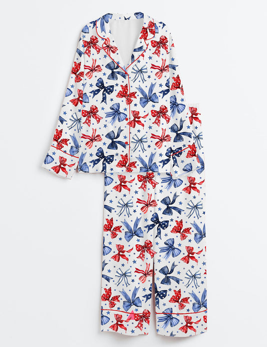 Women’s Patriotic Bows 4th Of July Red White And Blue Ribbon Long Sleeve Satin Pajama Set