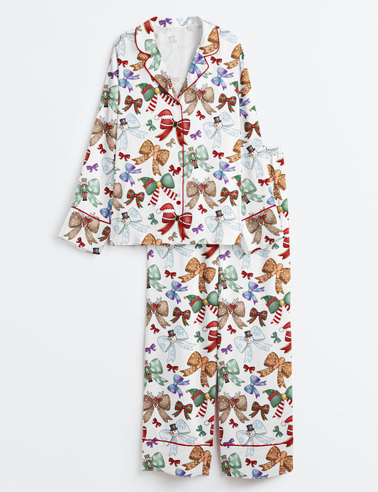 Women’s Preppy Christmas Bow Winter Snowman Girly Christmas Elf Print Long Sleeve Satin Pajama Set