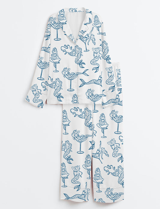 Women’s Hand Drawn Mairmaid In Martini Girl In Martini Glass For Bachelorette Whimsical Style Print Long Sleeve Satin Pajama Set