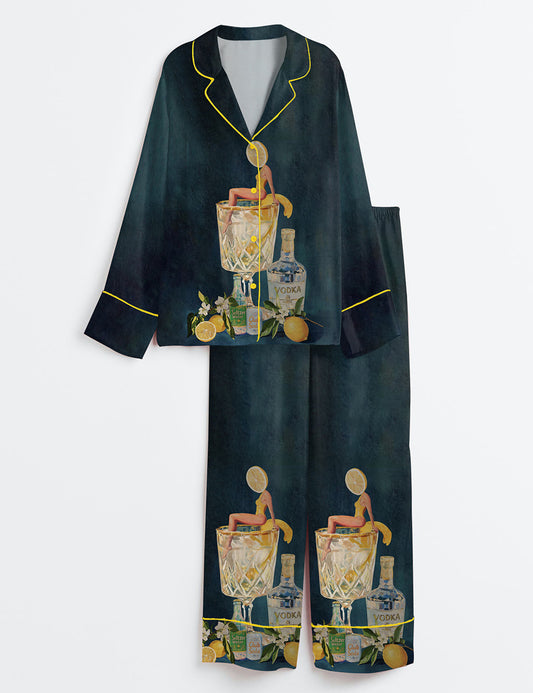 Women’s Lemon Vodka Seltzer Refreshing Cocktail Long Sleeve Satin Pajama Set