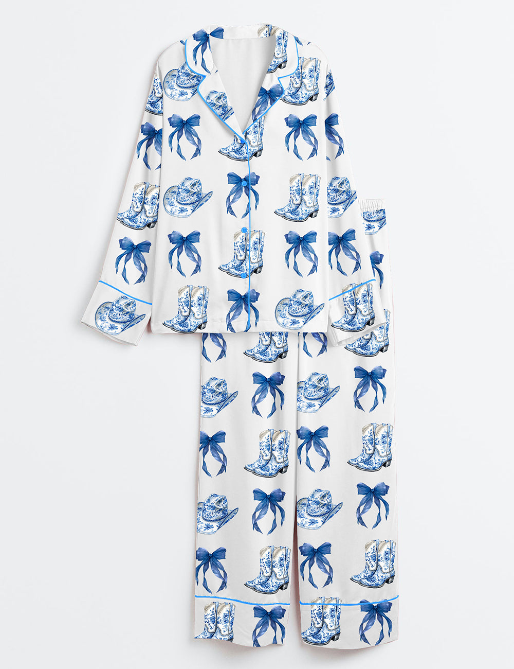Women's Blue Chinoiserie Cowgirl Blue Toile Bow & Boots Blue And White Western Long Sleeve Satin Pajama Set