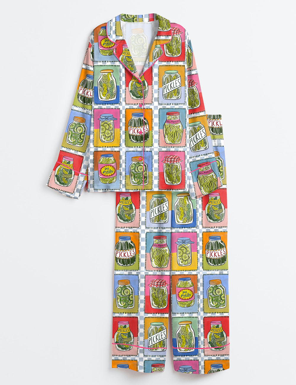 Women’s Pink Pickles Dill Pickles Plaid Long Sleeve Satin Pajama Set